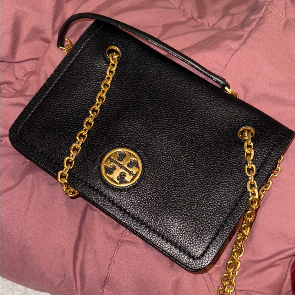 Tory Burch Black Leather Gold chain Crossbody Bag with Gold Hardware